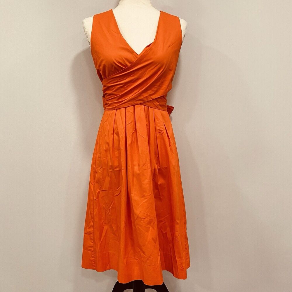 J. CREW 00 Orange Poplin Cotton Wrap Tie Midi Dress Pleated Party Preppy Resort
